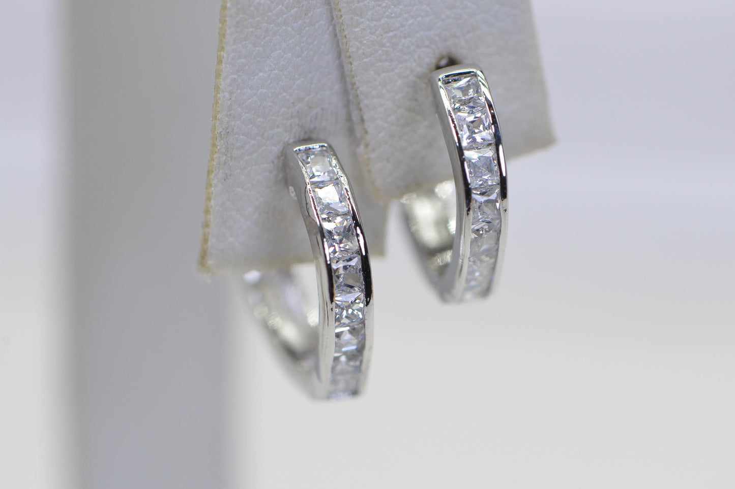 Sterling Silver Hoop Earrings: Princess Cut CZ Simulated Diamond