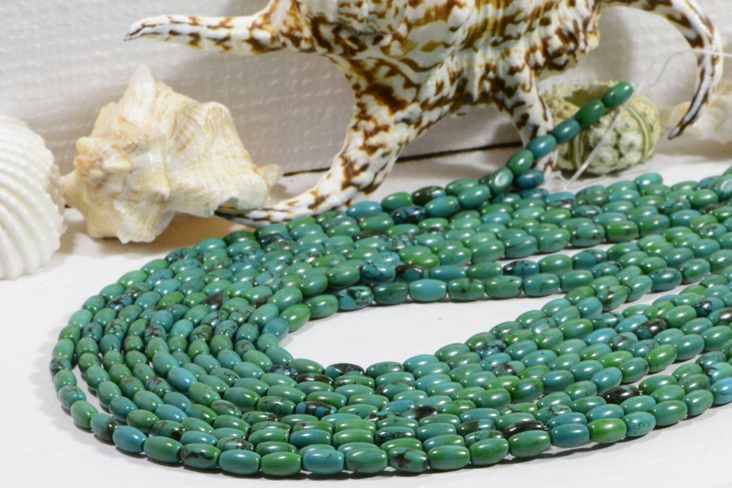 Natural Turquoise Rice Beads: Green & Black Gemstone Strand (7.5x4.6mm)