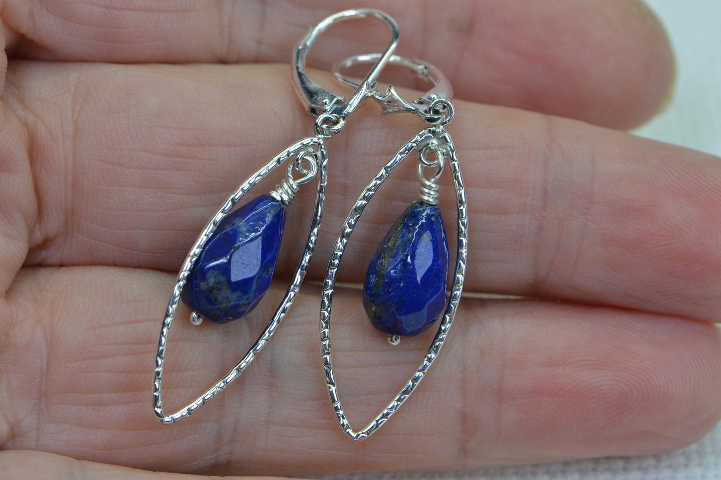 Lapis Lazuli Earrings, Hammered Sterling Silver, Teardrop Gemstone
