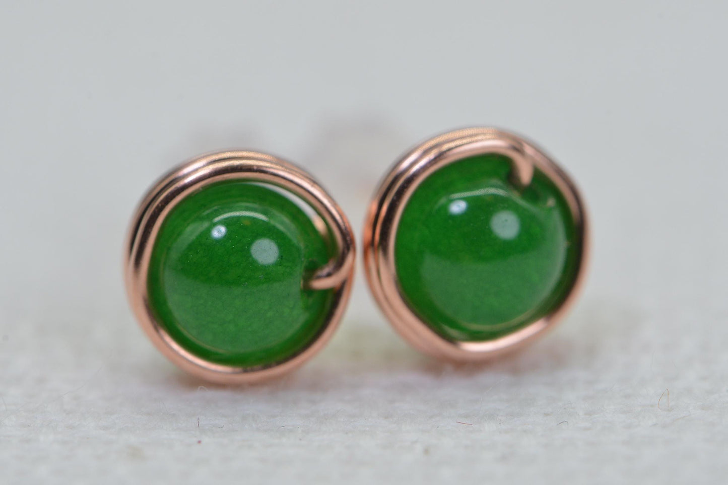 Handmade Copper Wire Wrapped Jade Stud Earrings