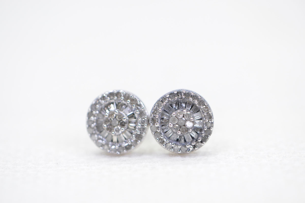 Natural Diamond Halo Stud Earrings: Sterling Silver Vintage Style