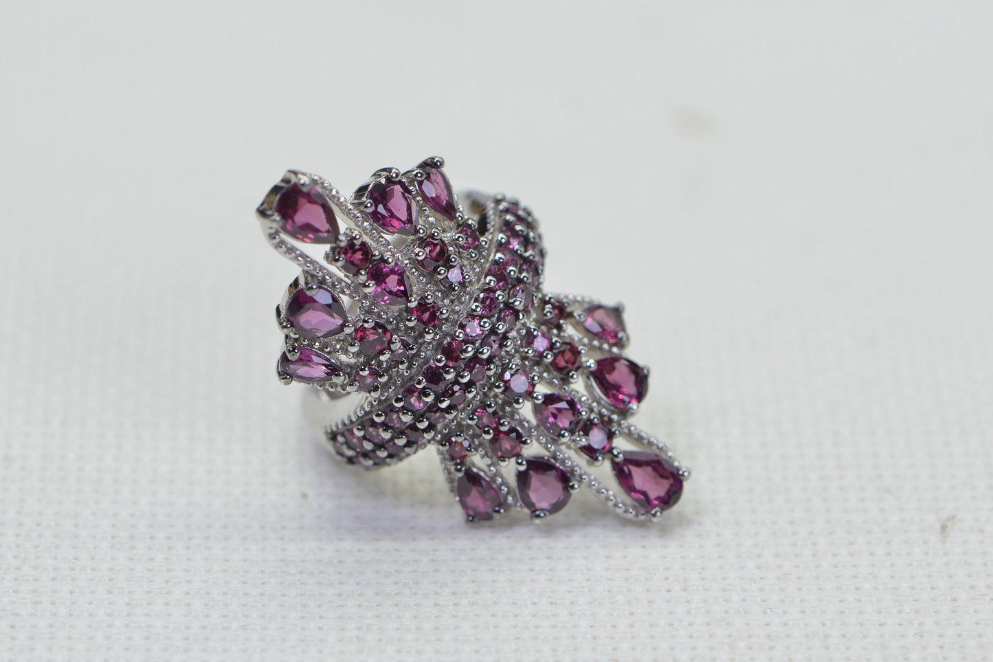 Rhodolite Garnet Floral Cocktail Ring: 14K White Gold Vermeil Sterling Silver