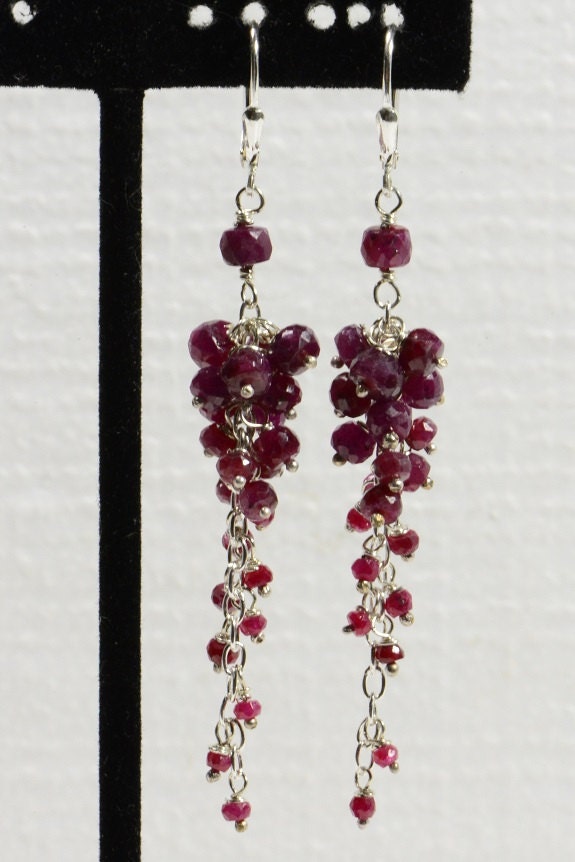 Ruby Cluster Earrings: Sterling Silver Wire Wrapped Dangle Earrings