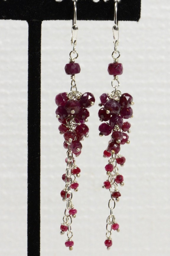Ruby Cluster Earrings, Sterling Silver, July Birthstone