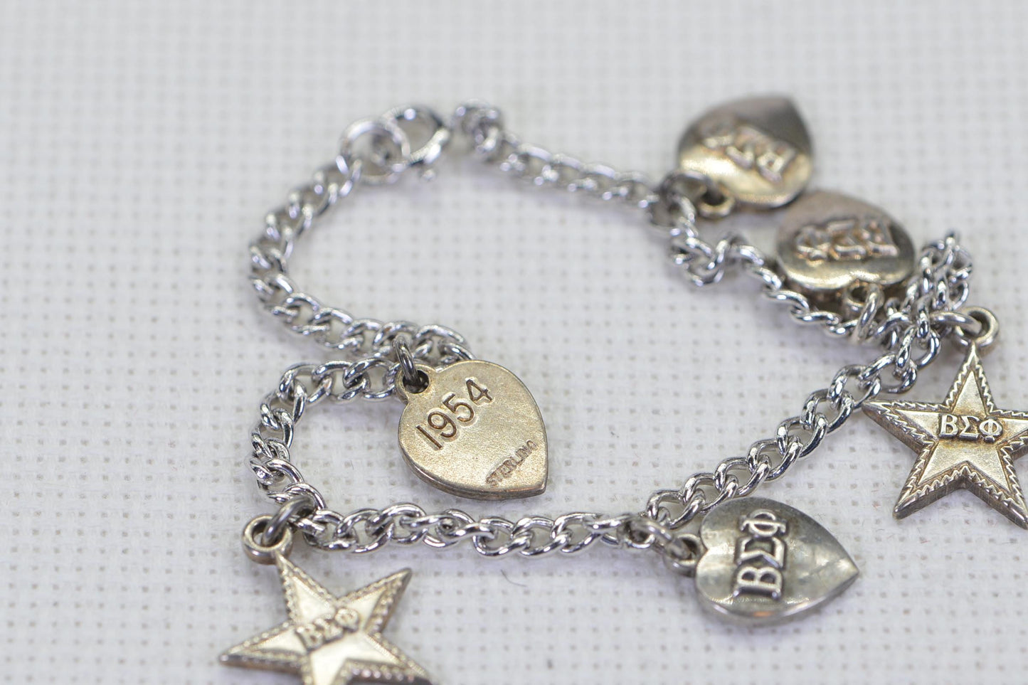 Vintage Silver Charm Bracelet: Stars & Hearts Dangle Charms