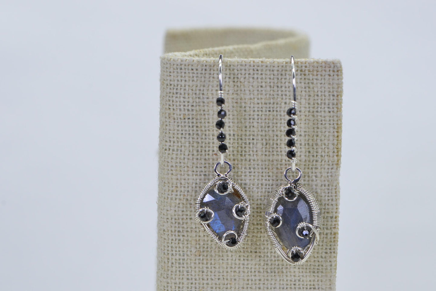 Handmade Labradorite Dangle Earrings: Copper Wire Wrapped, Black Tourmaline