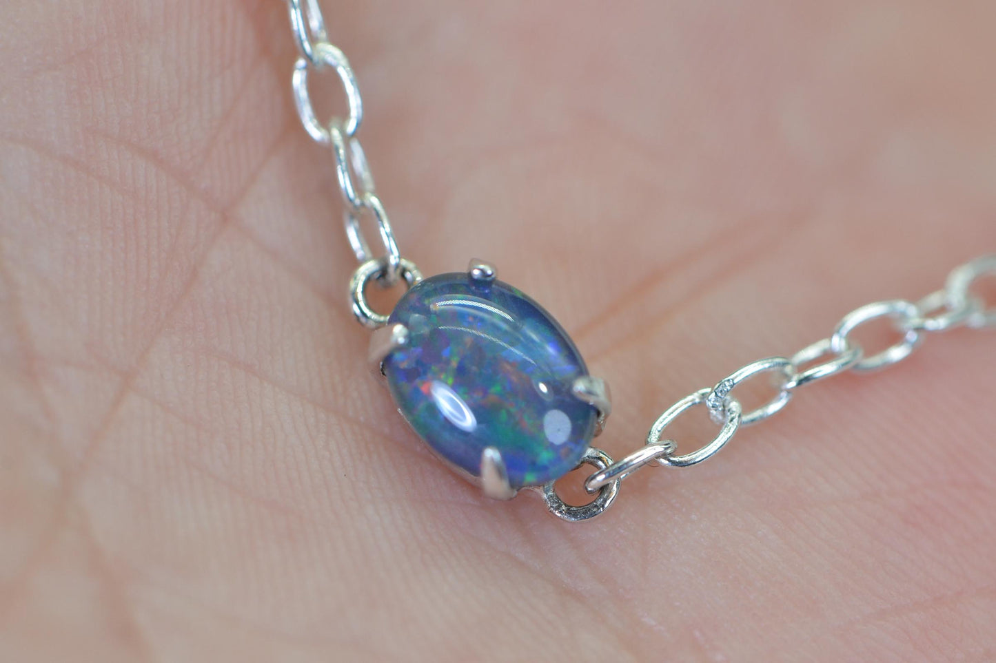 Australian Opal Bracelet: Sterling Silver Delicate Chain, Rainbow Opal