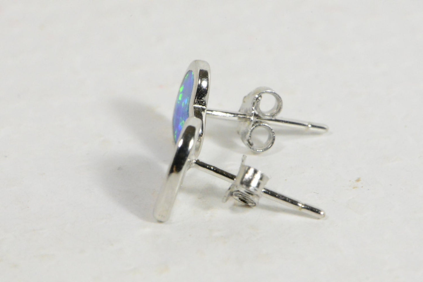 Blue Opal Heart Stud Earrings: 14K White Gold Over Sterling Silver