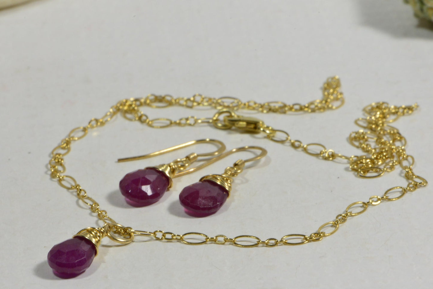 Wire Wrapped Ruby Jewelry Set, 14K Gold Filled Necklace Earrings