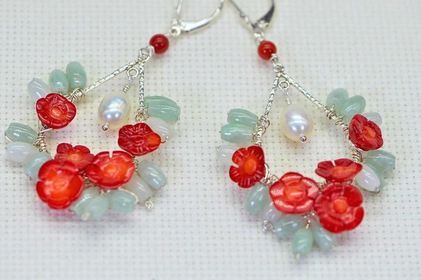 Handmade Sterling Silver Flower Earrings: Red Coral, Burma Jade & White Pearl