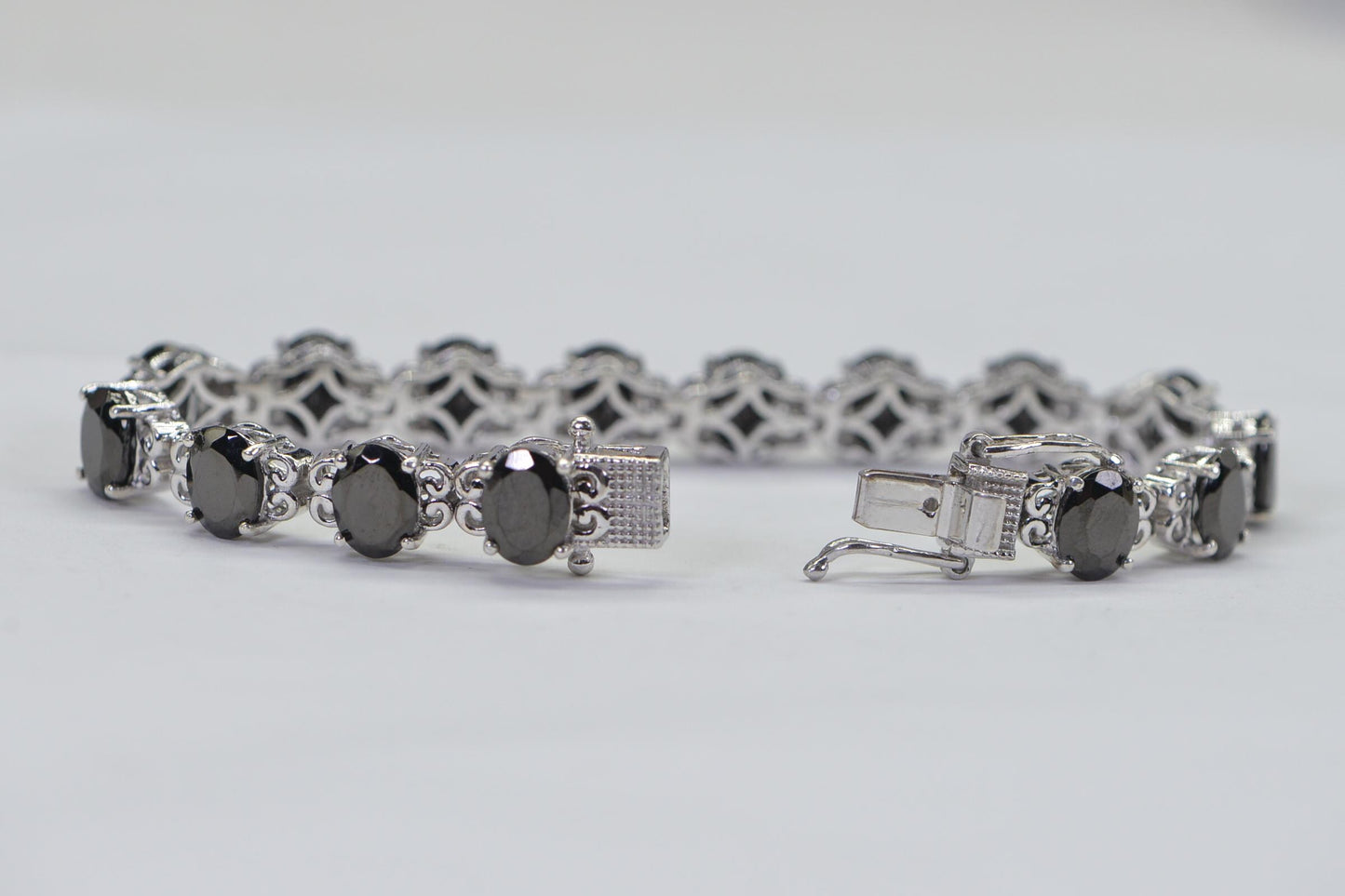Black Tourmaline Tennis Bracelet: Platinum Over Sterling Silver, Filigree Setting
