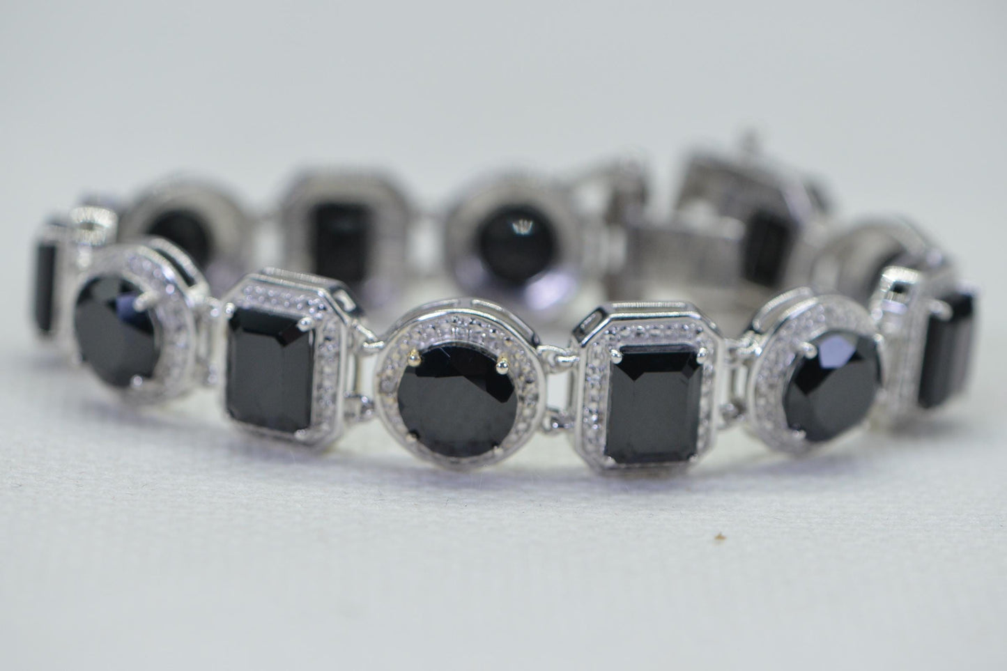 Black Tourmaline Sterling Silver Bracelet, Simulated Diamond Halo, 7 inch
