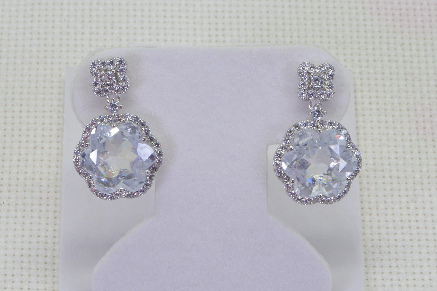 White Quartz Halo Earrings: Sterling Silver CZ Flower Studs