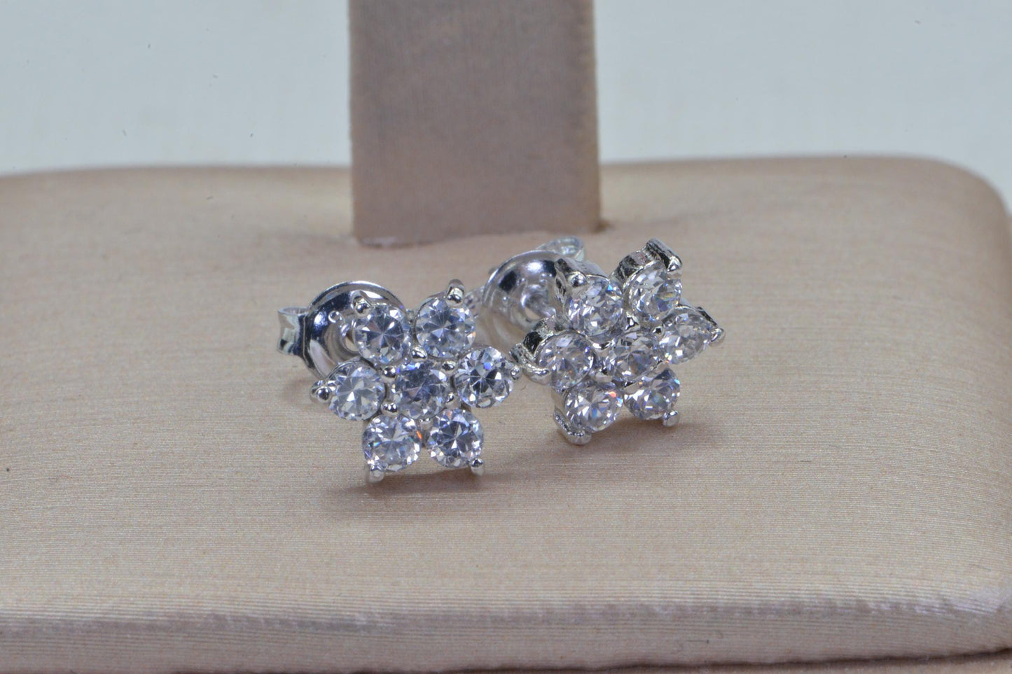 Simulated Diamond Flower Stud Earrings Prong Set Sterling Silver Birthstone April