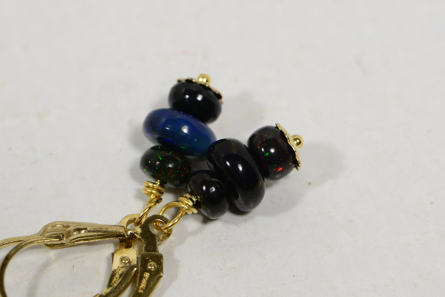 Black Opal Dangle Earrings, 14K Gold Filled Wire