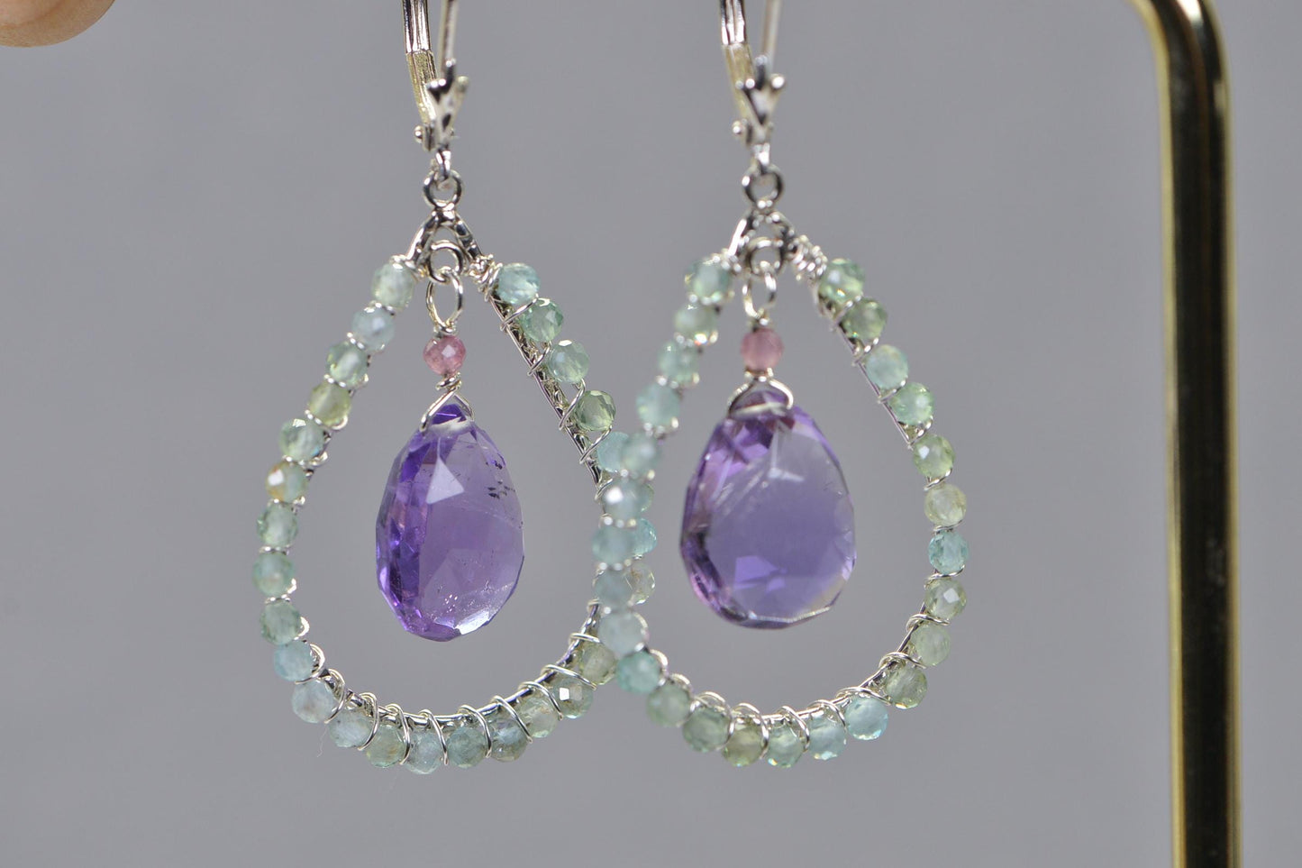 Amethyst and Green Apatite Chandelier Earrings – Sterling Silver Wire Wrapped Long Teardrops