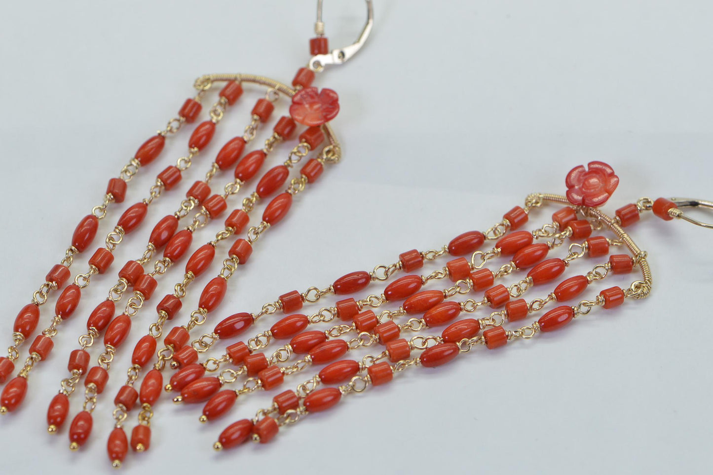 Red Coral Tassel Earrings: 14K Gold Wire-Wrapped Gemstone Dangle