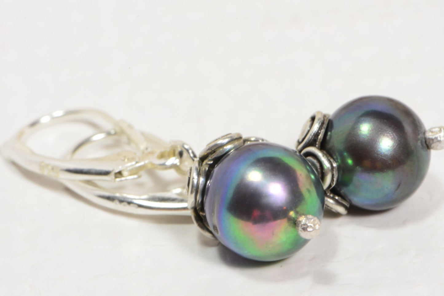 Natural Black Pearl Earrings 9mm Sterling Silver 925, High Luster Peacock Color