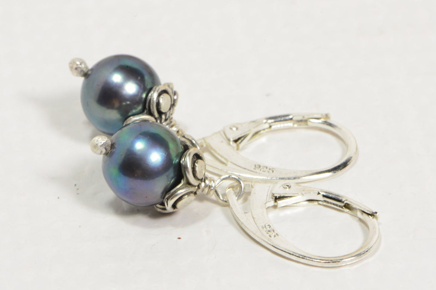Black Pearl Dangle Earrings, Sterling Silver Handmade Bead Caps