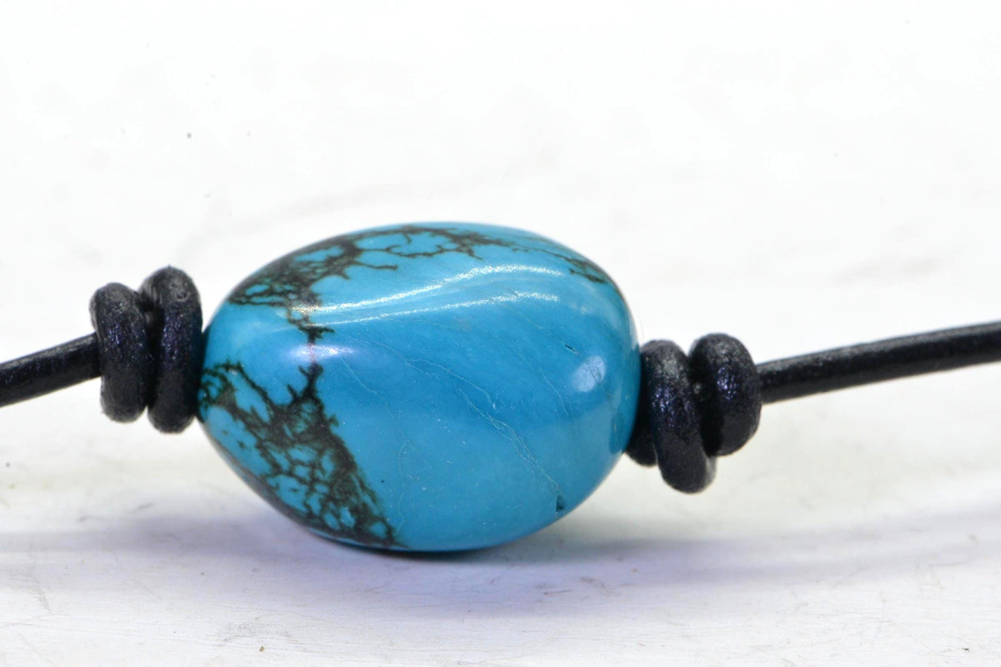 Blue Turquoise Pendant Necklace: Sterling Silver Clasp, Leather Cord