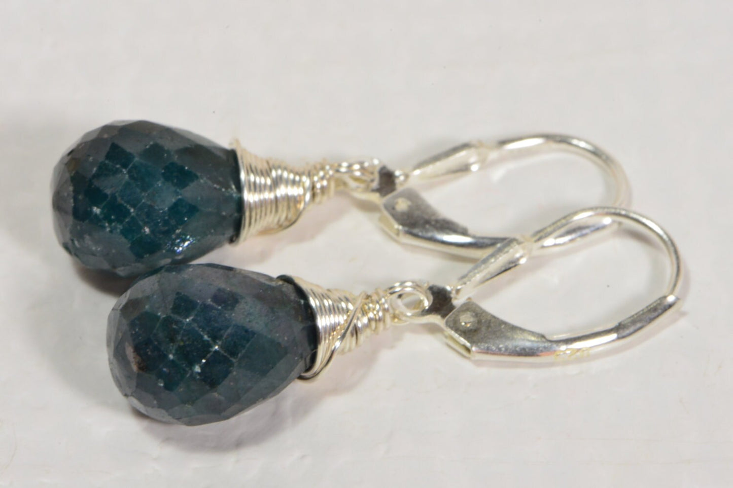 Natural Emerald Sterling Silver Earrings: Wire Wrapped Teardrop Dangle