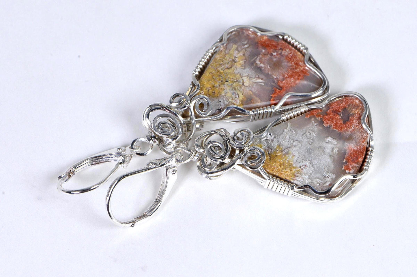 Handmade Sterling Silver Wire Wrapped Crazy Lace Agate Earrings