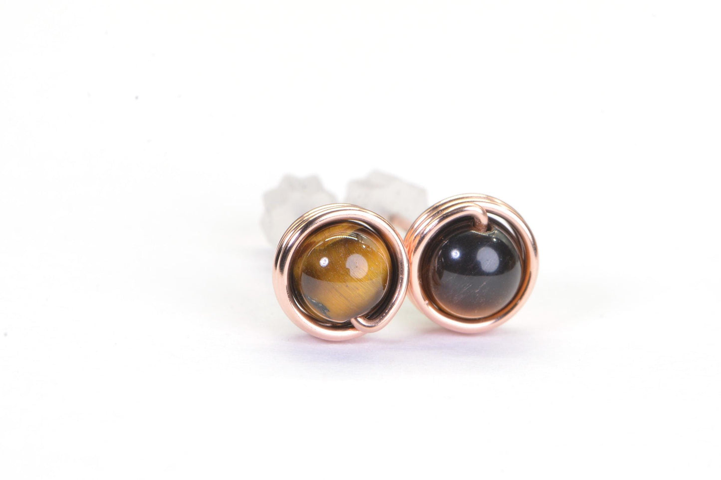 Tiger Eyes Stud Earrings: Handmade Copper Wire Wrapped Gemstone
