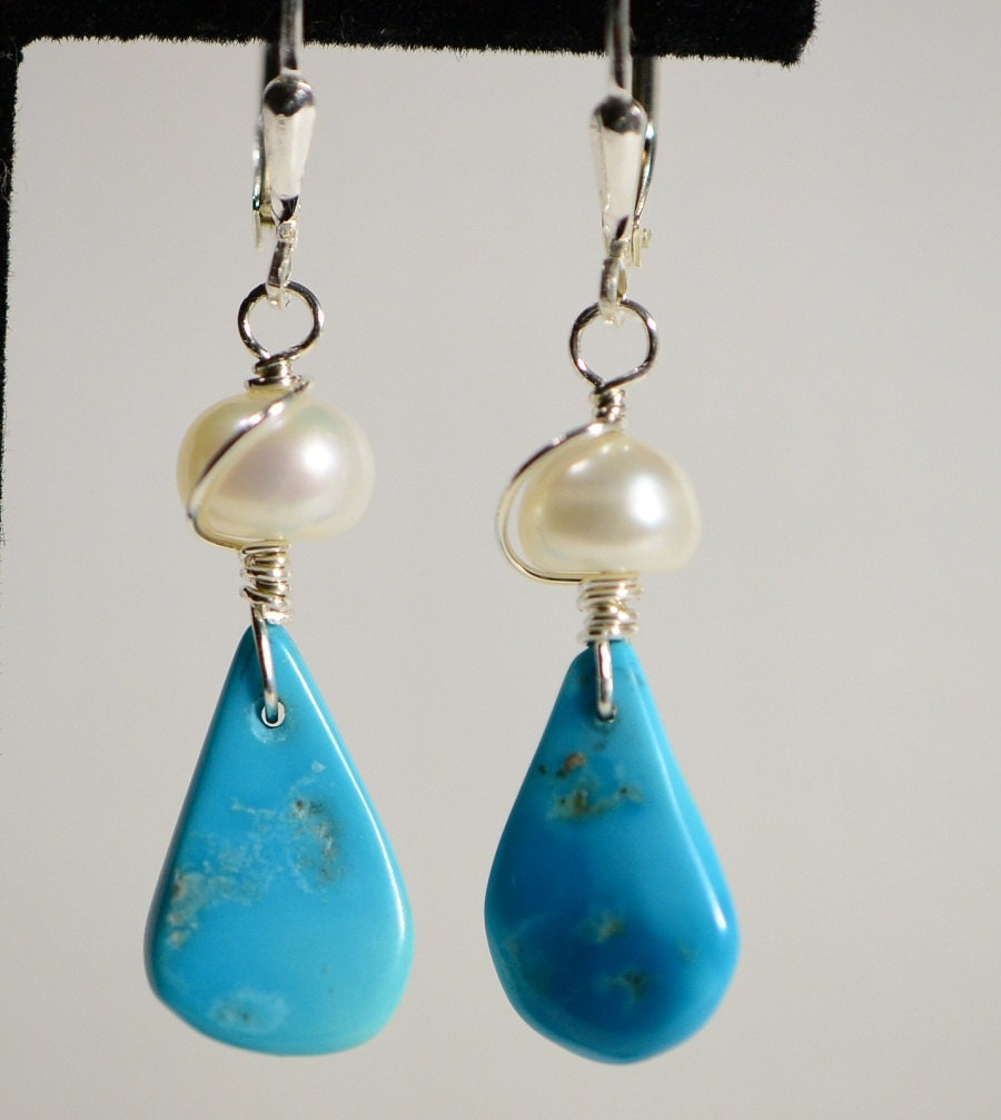 Sleeping Beauty Turquoise Earrings, Sterling Silver, Freshwater Pearl Drops