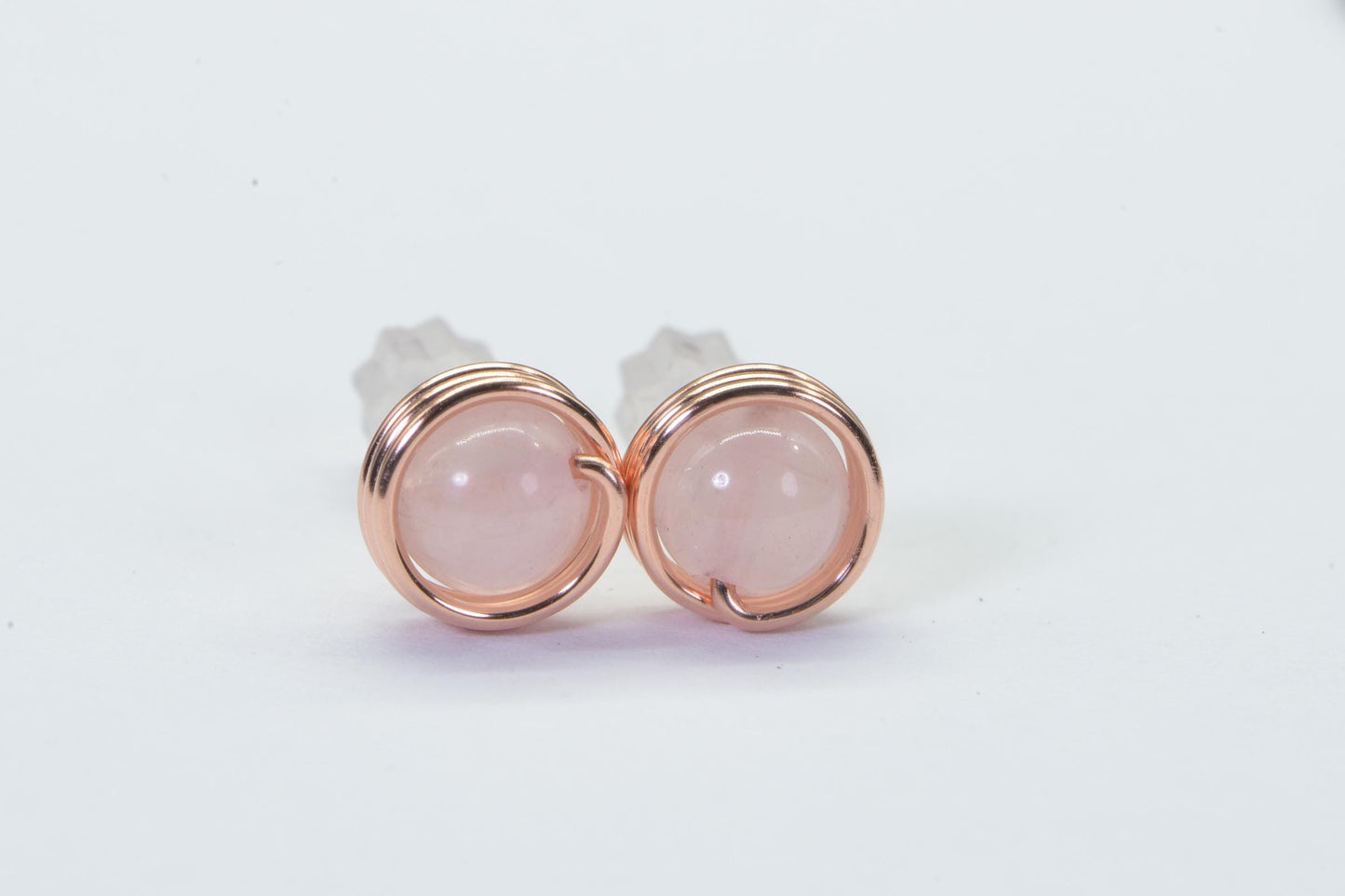 Handmade Copper Wire Wrapped Rose Quartz Stud Earrings