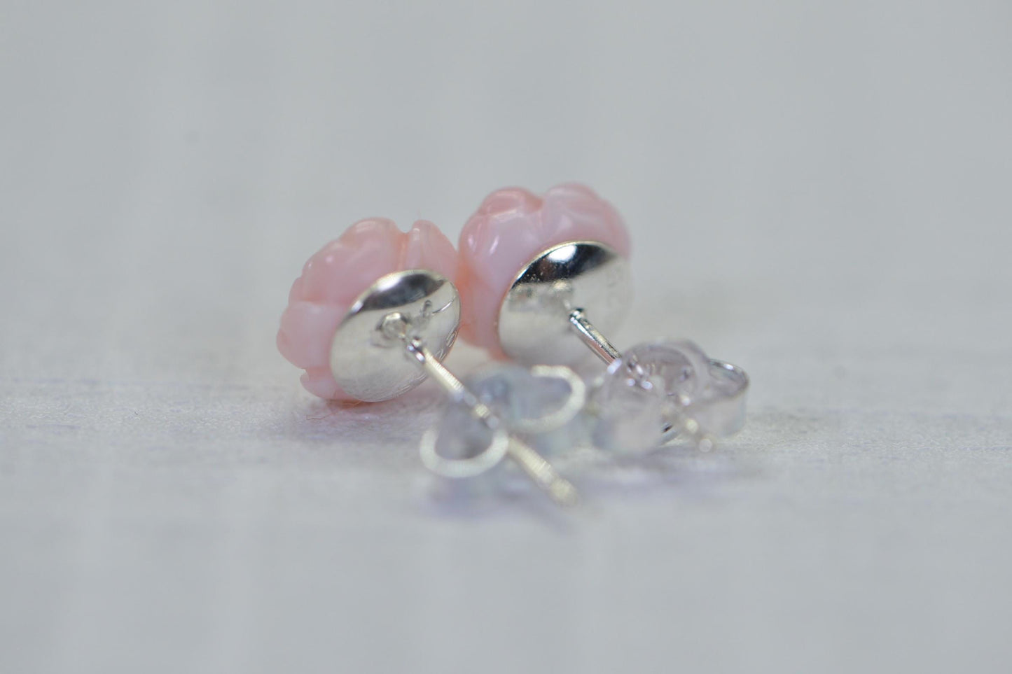 Carved Pink Conch Rose Stud Earrings: 14K Gold Filled, 8mm Flower