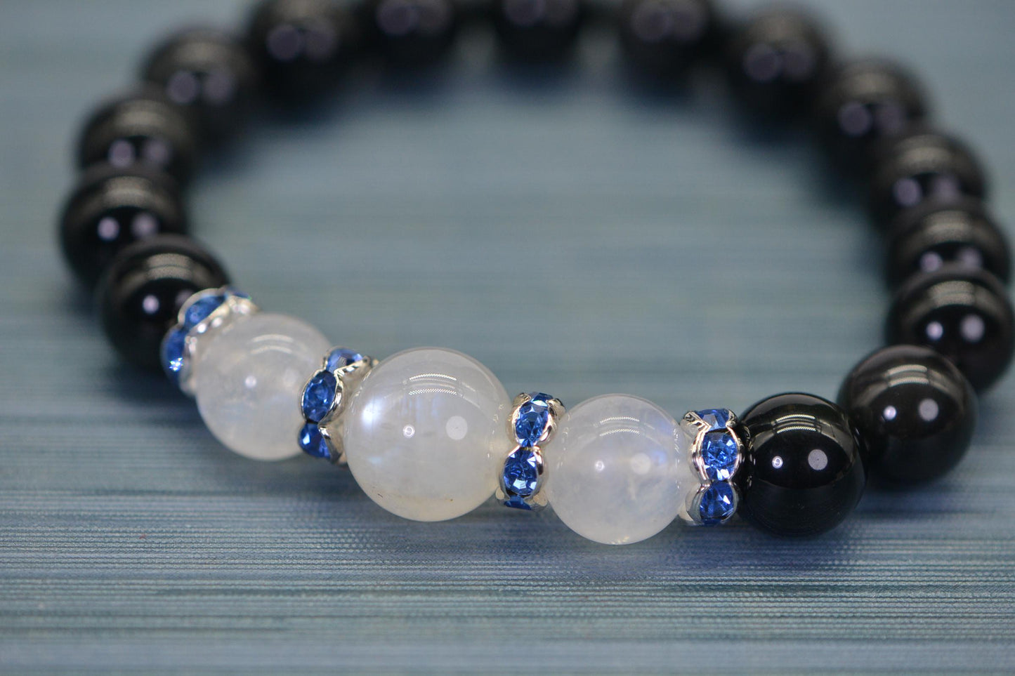 Black Obsidian & Moonstone Bracelet | Blue Crystal Rondelle Accents