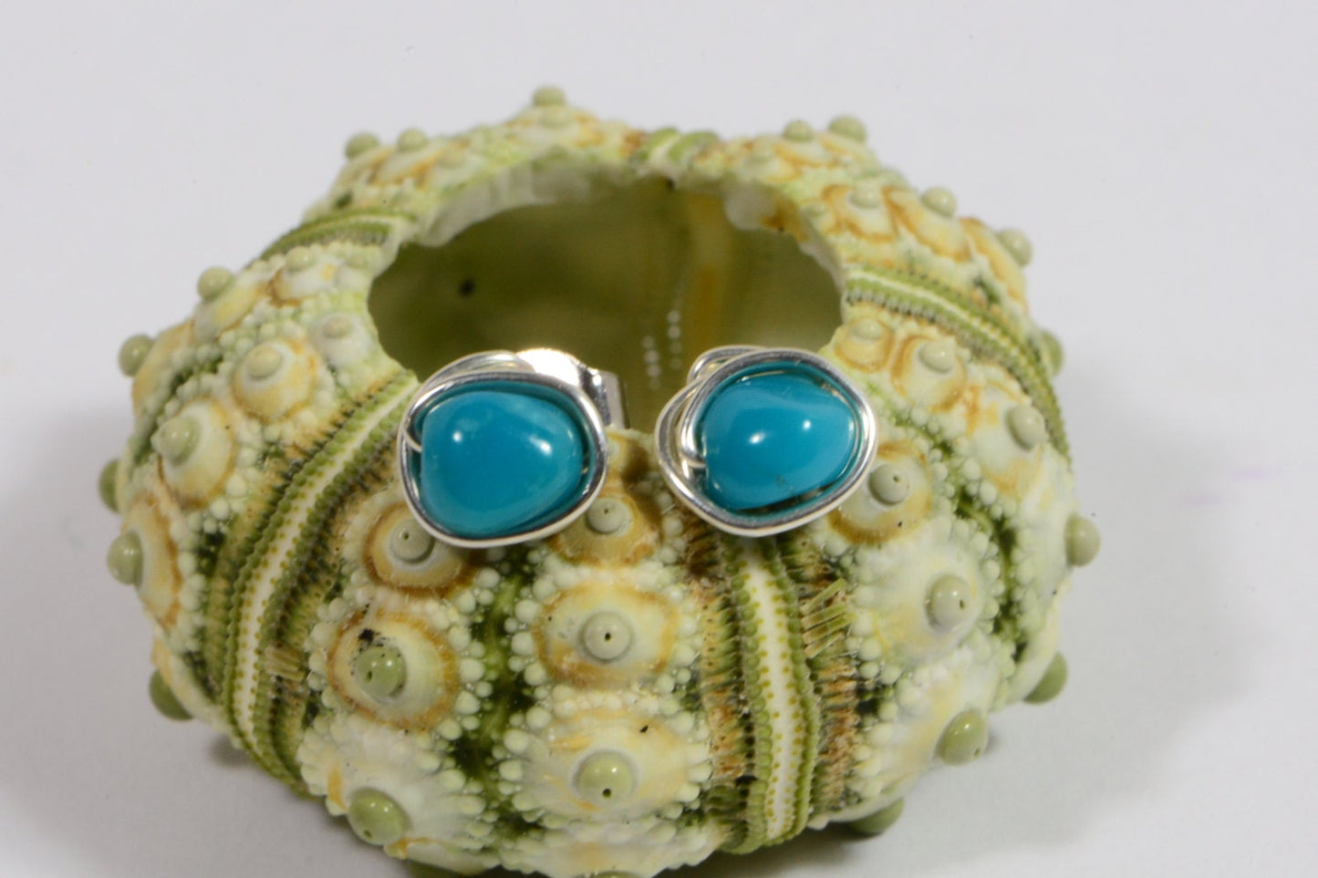 Sleeping Beauty Turquoise Studs, Sterling Silver Wire Wrapped Earrings