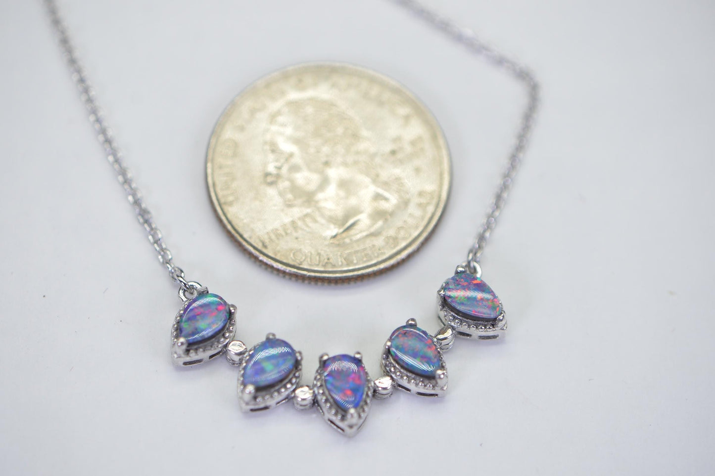 Australian Black Opal 5 stone Necklace Sterling Silver Hand Made Birthstone Gift