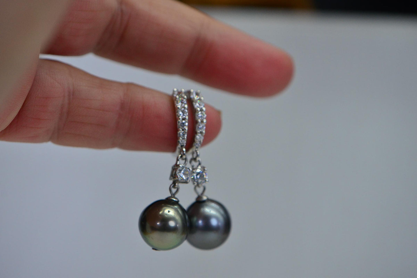 Tahitian Cultured Black Pearl Encrusted Diamond Dangle Stud Earrings Sparkly Cluster Stone Earrings