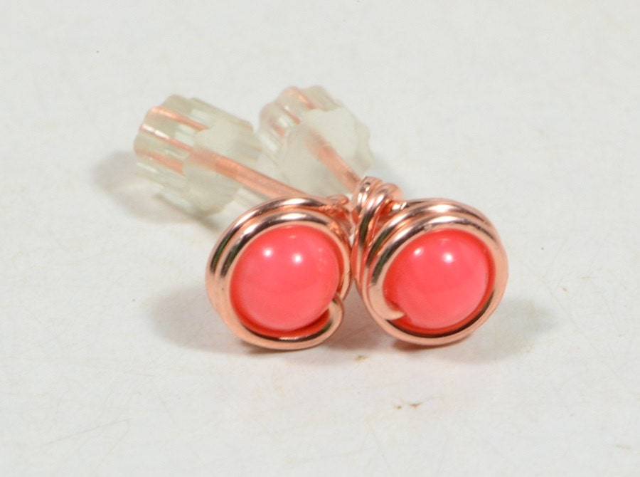 Salmon Pink Wire Wrapped Studs Earrings Copper Jewelry