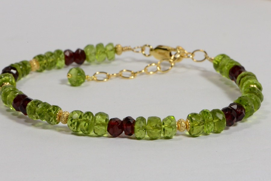 Peridot Garnet Bracelet: Handmade 14k Gold Filled Beaded Jewelry