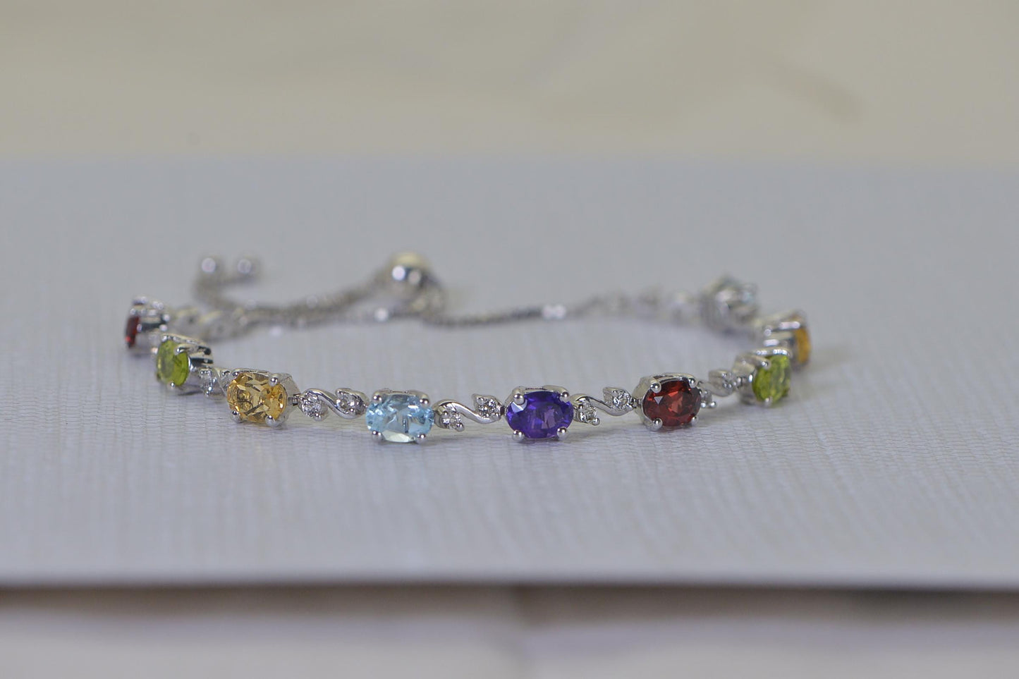 Rainbow Gemstone Tennis Bracelet, Sterling Silver, Multi Color Stone, Bolo Adjustable Bracelet
