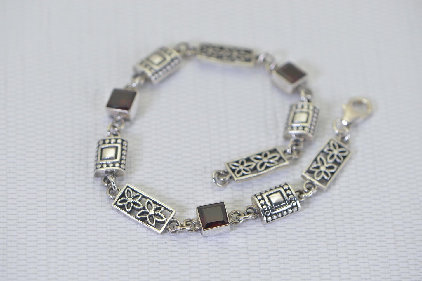 Natural Garnet Square Link Bracelet , Sterling Silver Flower Design