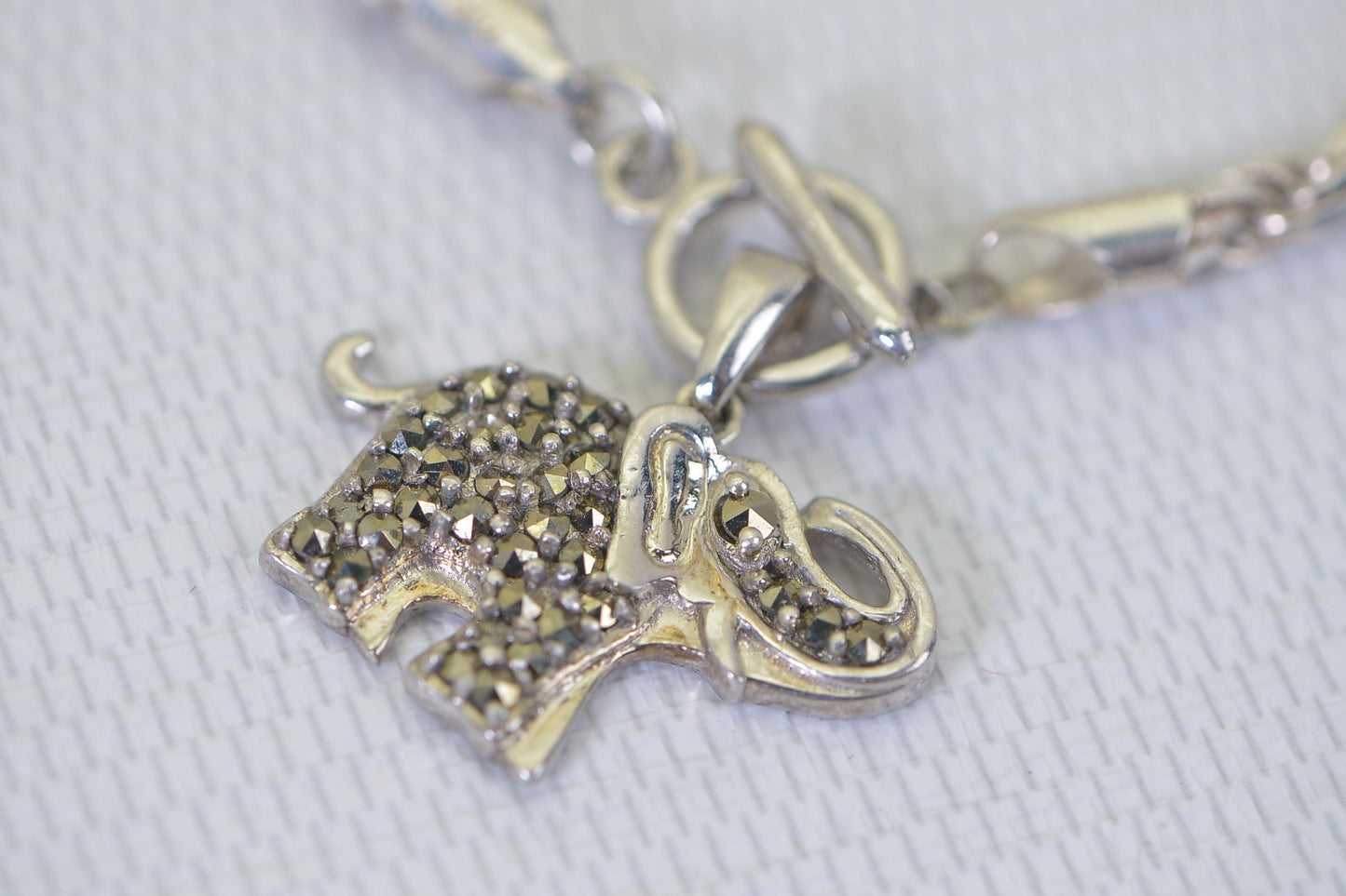 Elephant Charm Anklet Bracelet – Heavy 925 Sterling Silver Rope Chain, Toggle Clasp, Boho Chic Style Marcasite Gemstone Pendant