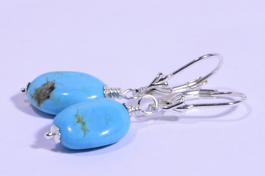 Turquoise Sterling Silver Earrings: Natural Gemstone Lever Backs