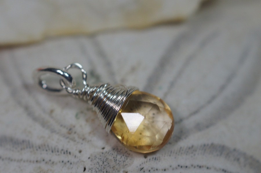 Wire Wrapped Citrine Pendant: Sterling Silver Teardrop Charm