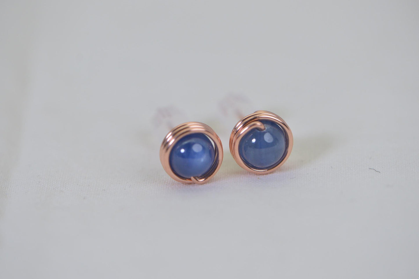 Blue Iolite Stud Earrings: Handmade Copper Wire Wrapped Gemstone