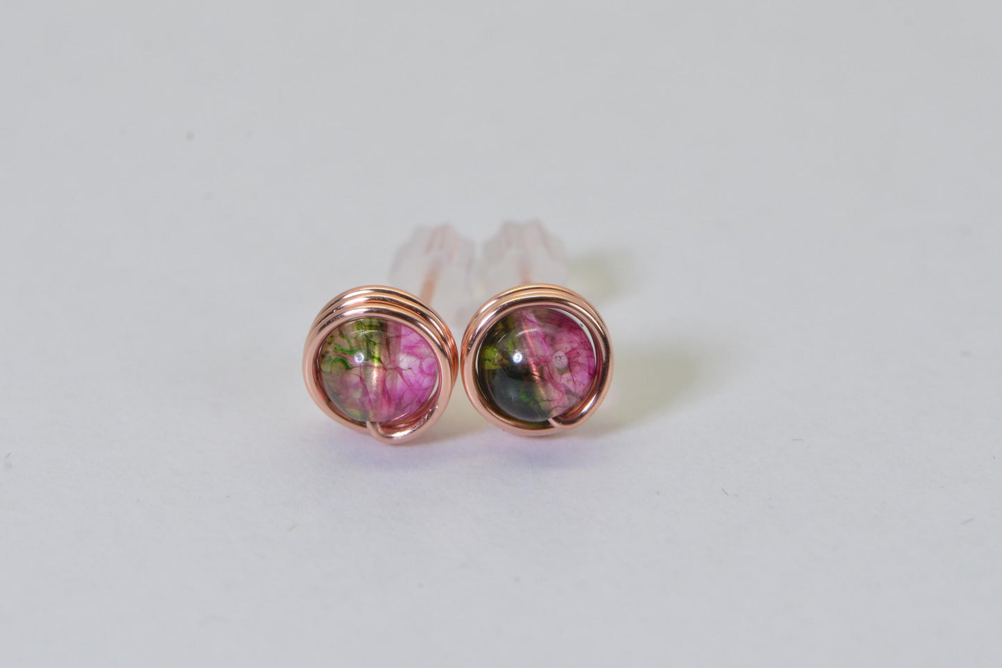 Handmade Watermelon Tourmaline Copper Stud Earrings: Natural Jade
