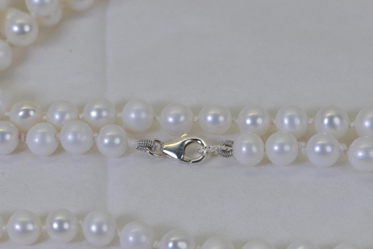 White Freshwater Pearl Long Knotted Necklace – 8mm Round Genuine Pearls on Natural Silk Thread