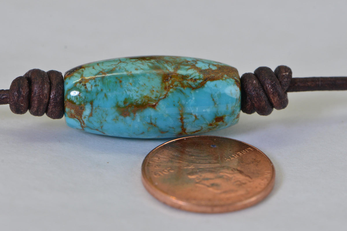 Royston Turquoise Barrel Pendant Necklace – Large Statement Stone on Leather Cord – Handmade Men's Gift