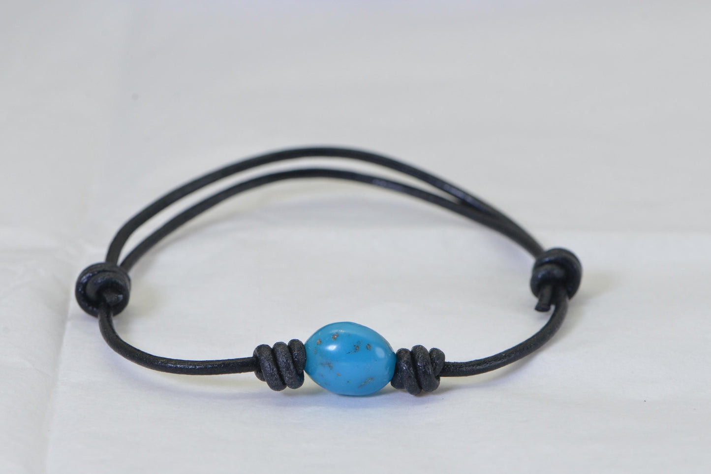 Natural Sleeping Beauty Turquoise Nugget Bracelet, Hand-Polished, Distressed Leather Cord, Adjustable Knot