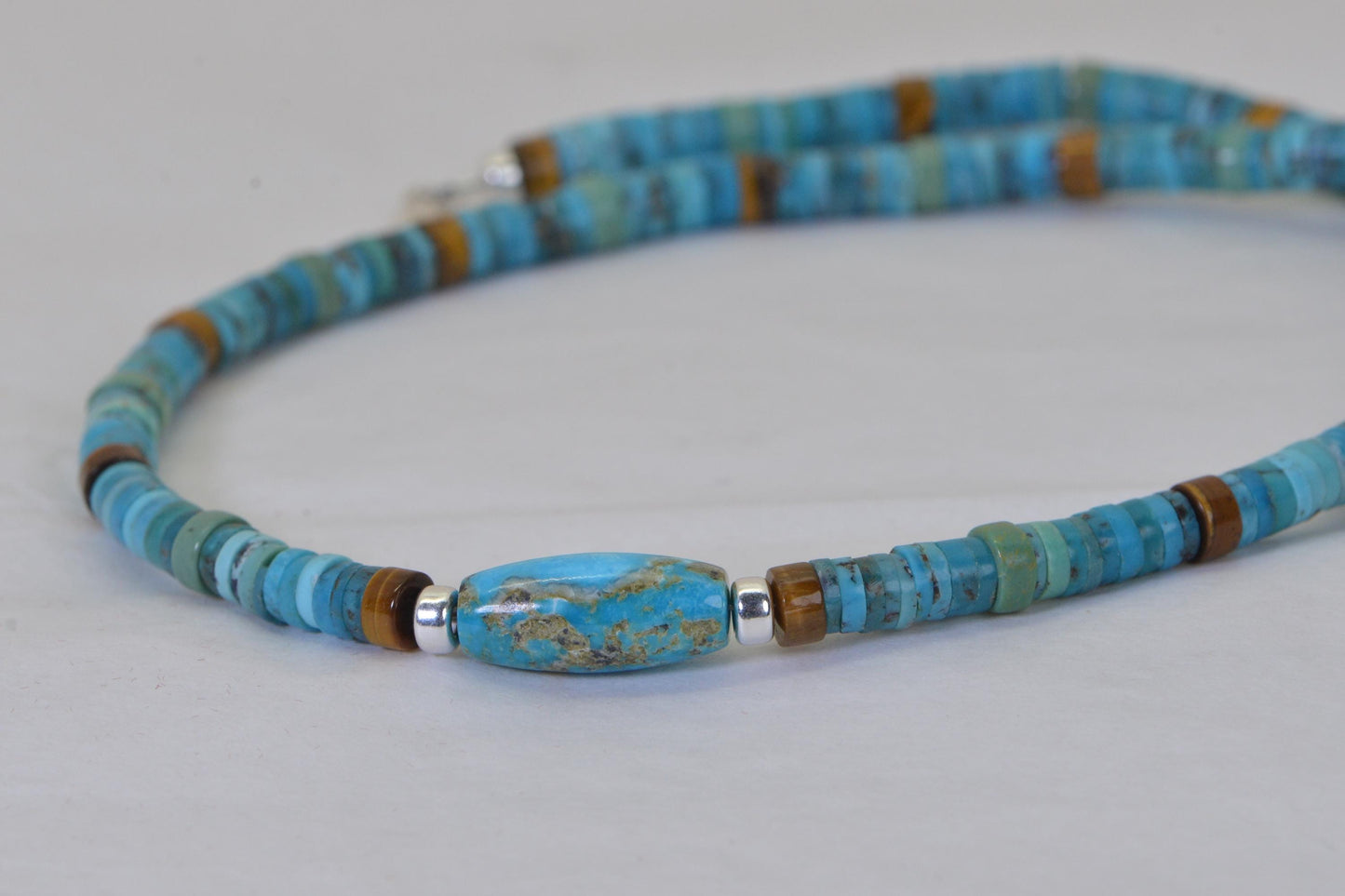 Kingman Turquoise Necklace, Genuine American Turquoise, Sterling Silver Choker Large Heishi