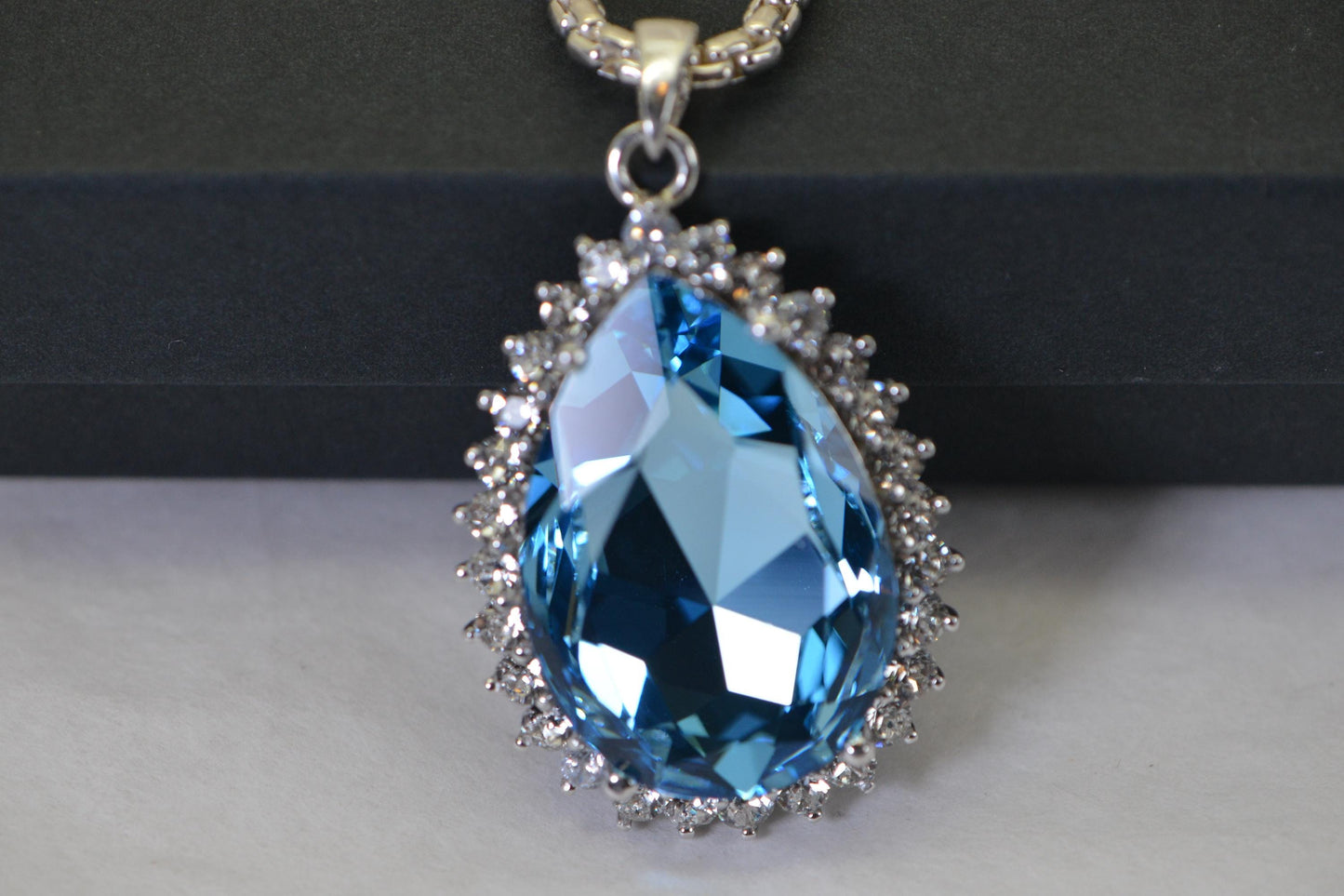 Blue Topaz Pendant Necklace, Pear Cut Gemstone, Sterling Silver Halo Pendant, Statement Jewelry, Gift for Her