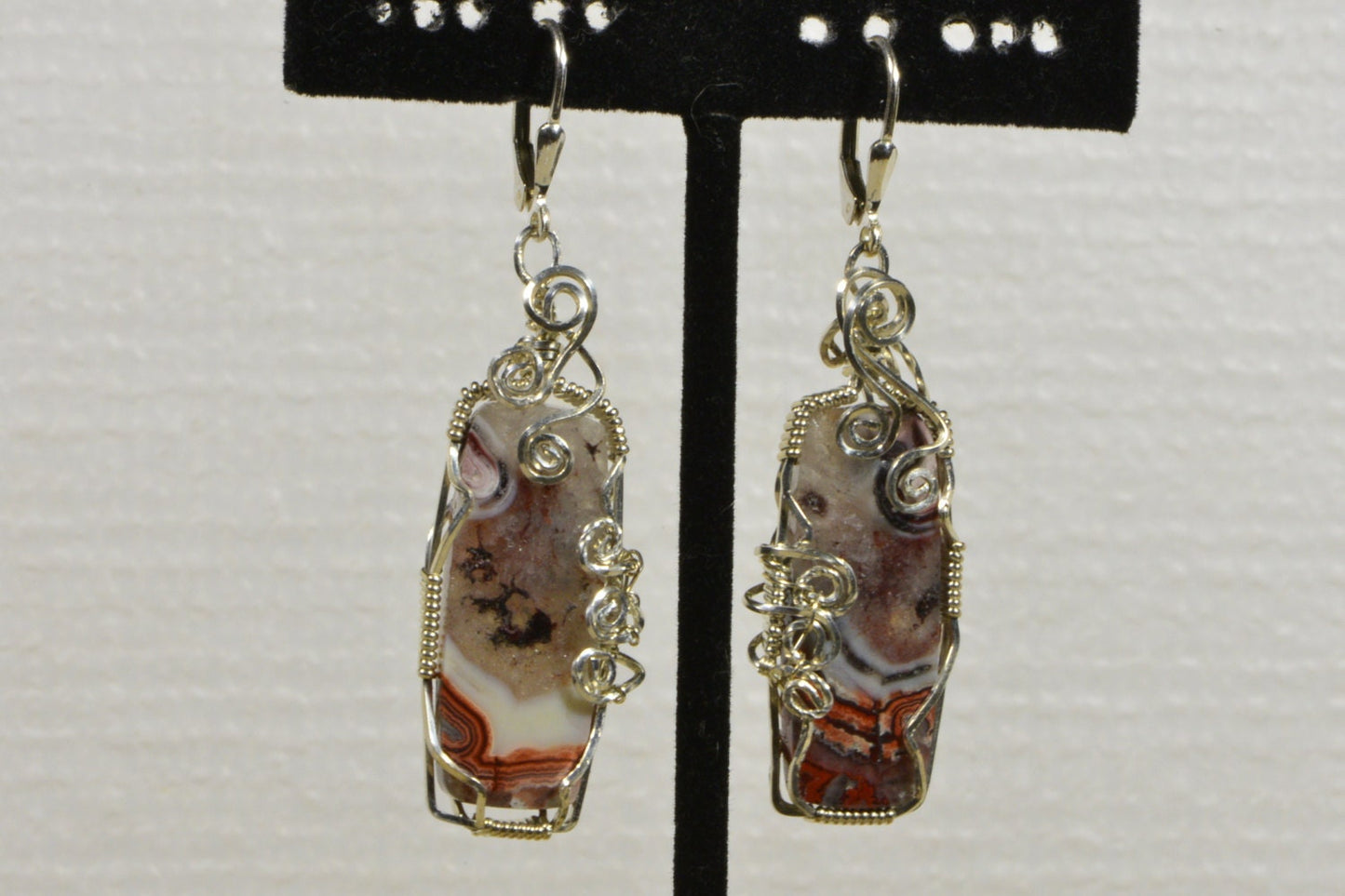Sterling Silver Crazy Lace Agate Earrings, Wire Wrapped Gemstone Jewelry