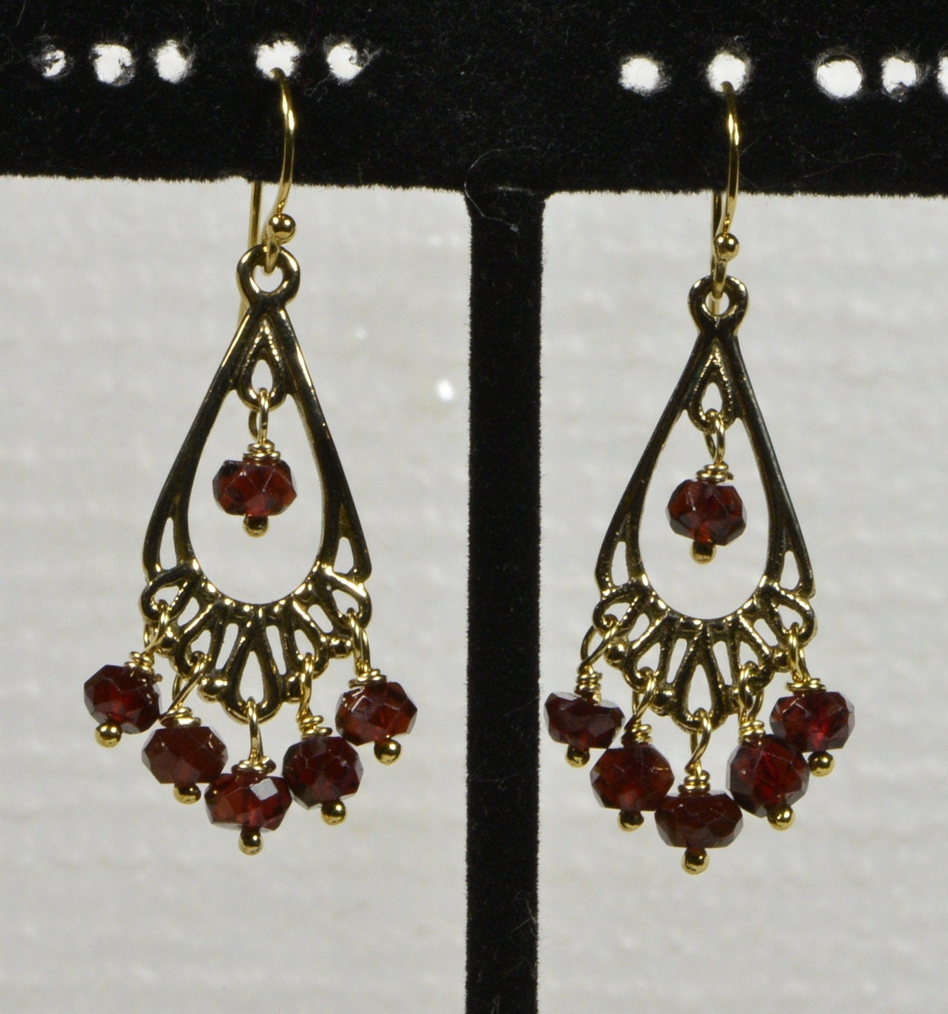 Handmade Gold Filled Garnet Dangle Earrings, Red Gemstone Jewelry
